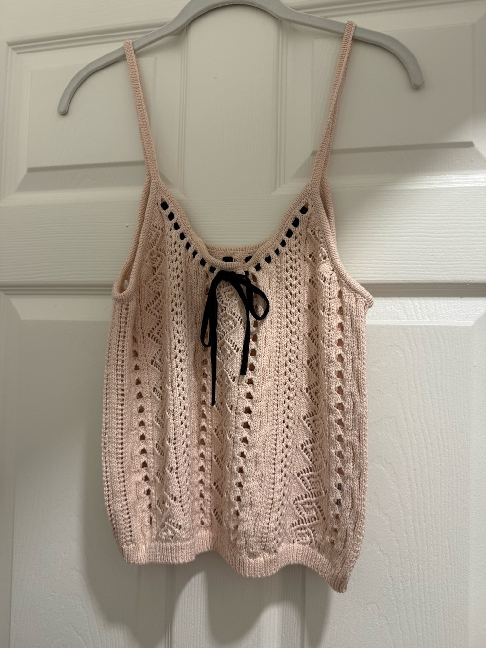 Reformation Blush Pink Knit Camisole with Black velvet ribbon tie